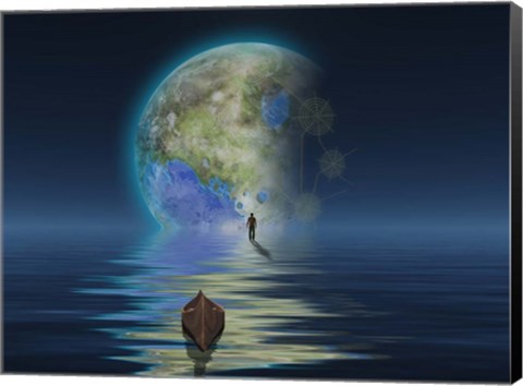 Framed Man With Boat On Water Surface Before the Terraformed Moon Print