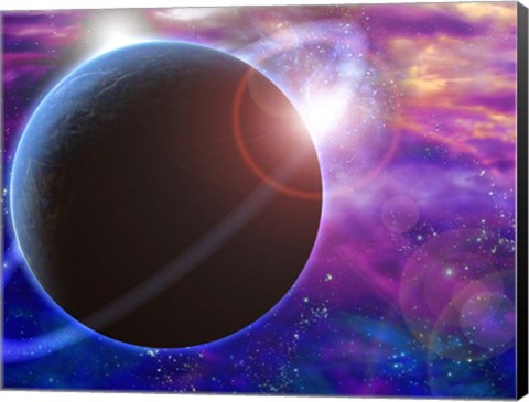 Framed Planet and Cosmos Rising Sun in Vivid Space Print