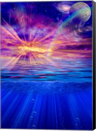 Framed Vivid Sky With Moon and Galaxy Over a Calm Water Surface Print