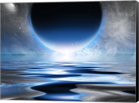 Framed Exosolar Planet Rising Over Quiet Waters Print