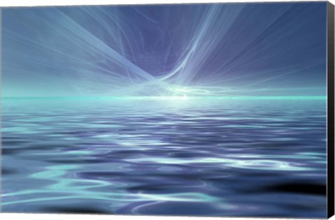 Framed Fantastic Glowing Light Or Solar Wind Over Water Surface Print