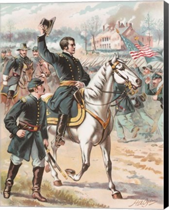 Framed General Joseph Hooker riding on a horse and waving at his troops Print