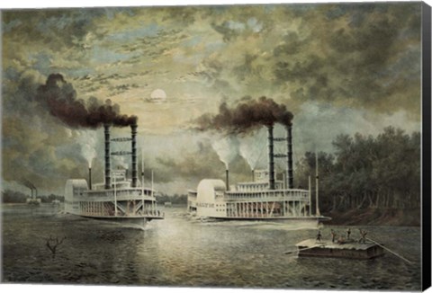 Framed Steamships Baltic and Diana, in a neck-to-neck race on the river Print