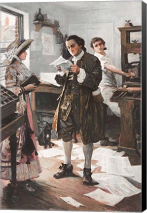 Framed Benjamin Franklin in his Philadephia printing Shop Print