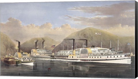 Framed American Steamboats on the Hudson River passing the Highlands, 1874 Print