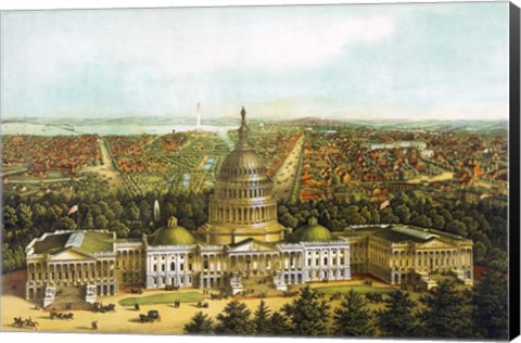 Framed Bird&#39;s eye view of Washington DC with the US Capitol up front Print