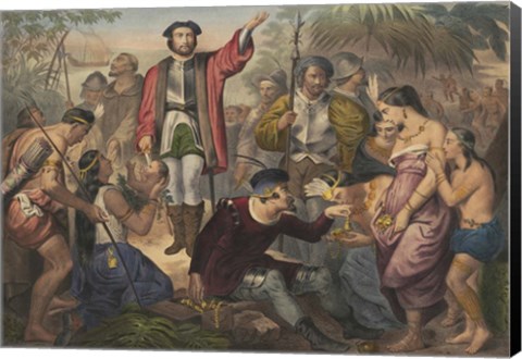 Framed Christopher Columbus among Indians in the New World Print