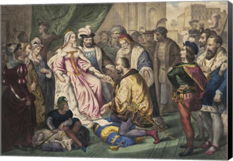 Framed Christopher Columbus kneeling in front of Queen Isabella I Print