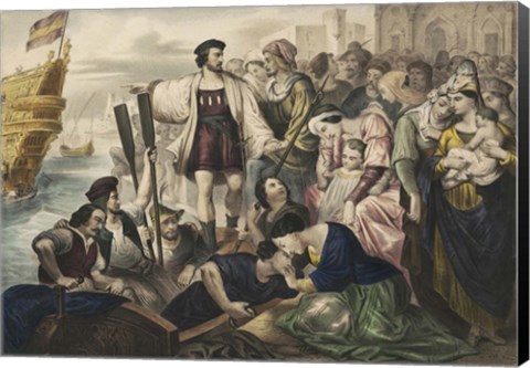 Framed Christopher Columbus leaving the port of Palos, Spain, for the New World Print