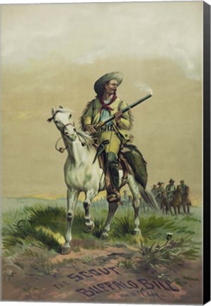 Framed Buffalo Bill on horseback, holding Smoking Rifle Print