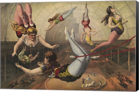 Framed Female Acrobats on Trapezes at Circus Print