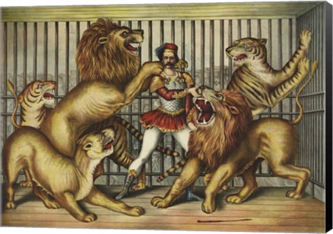 Framed Lion Tamer in Cage with Lions and Tigers Print