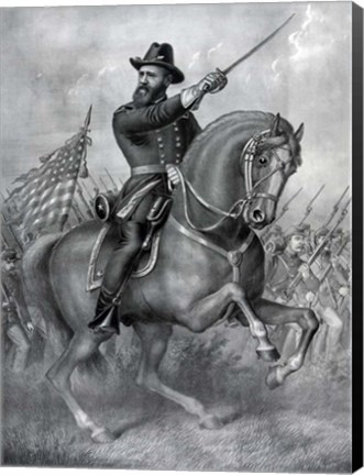 Framed General Benjamin Harrison on horseback, during the Battle of Resaca Print