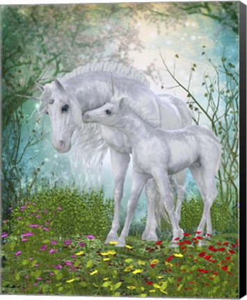 Framed Unicorn Foal with Mother  in a Magical Forest Print