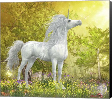 Framed White Unicorn Stallion Stands in a Meadow Full of Flowers Print