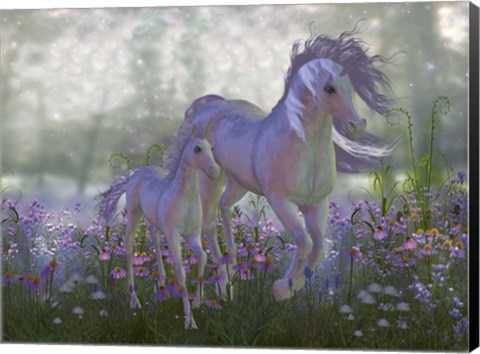 Framed Adult and Baby Unicorn in a Field of Flowers Print