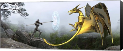 Framed Flying Gold Dragon and Female Knight Print