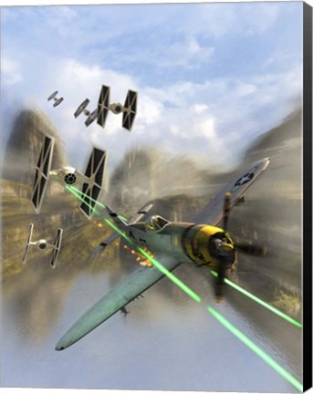 Framed WW II P-47 Thunderbolt Being Chased By Some Tie Fighters of Star Wars Print