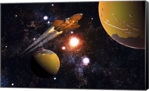 Framed Spaceship Traveling Between Exoplanets Print