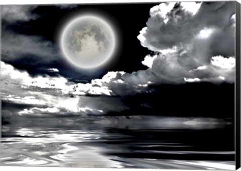 Framed Full Moon Dramatic Clouds Reflected in Calm Wat Print