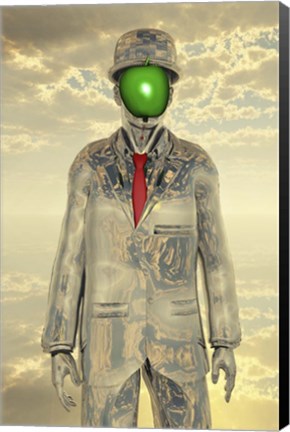 Framed Metallic Man With Face Obscure By Green Apple Print