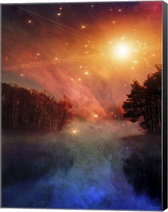 Framed Night Forest Lake Sunrise Or Sunset Print