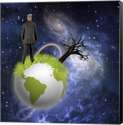 Framed Man Stands On Globe With Old Tree and Rainbow Deep Space Print