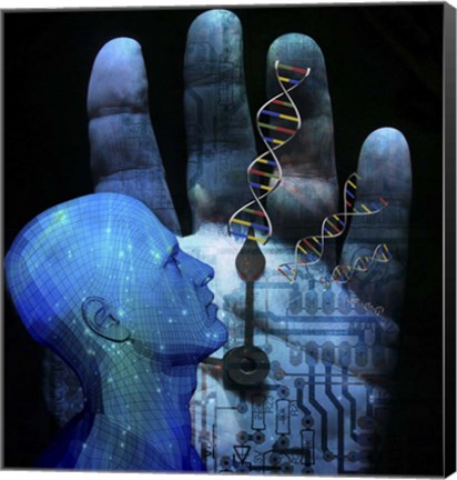 Framed Cyborg Arrows On Palm Hand DNA Strands Print