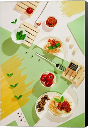 Framed Suprematic Meal: Pasta With Tomato Sauce And Mushrooms Print