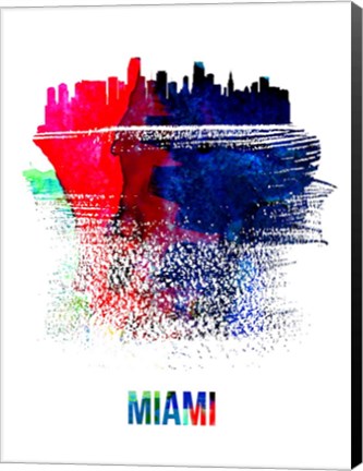 Framed Miami Skyline Brush Stroke Watercolor Print