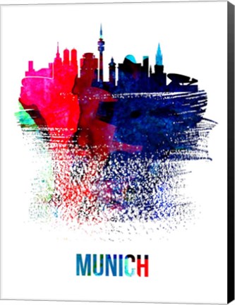 Framed Munich Skyline Brush Stroke Watercolor Print