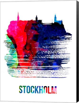 Framed Stockholm Skyline Brush Stroke Watercolor Print