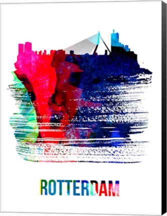 Framed Rotterdam Skyline Brush Stroke Watercolor Print