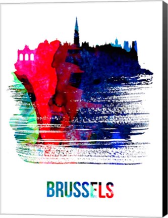 Framed Brussels Skyline Brush Stroke Watercolor Print