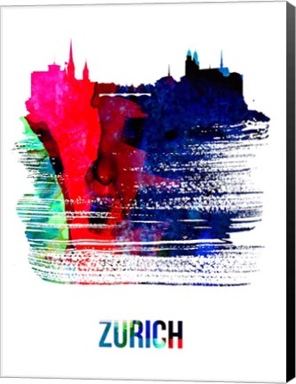 Framed Zurich Skyline Brush Stroke Watercolor Print