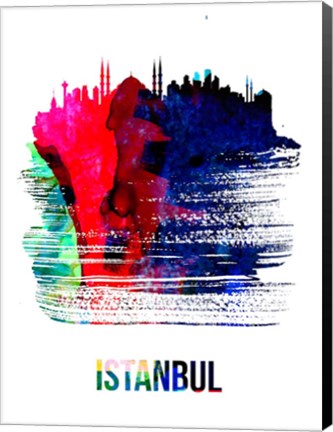 Framed Istanbul Skyline Brush Stroke Watercolor Print