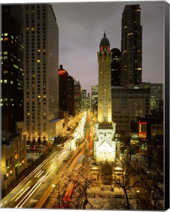 Framed Skyscrapers in a city lit up at night, Chicago, Illinois Print