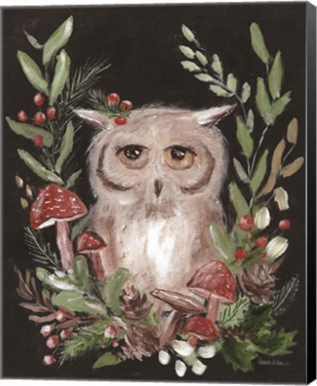 Framed Christmas Owl and Mushrooms Print