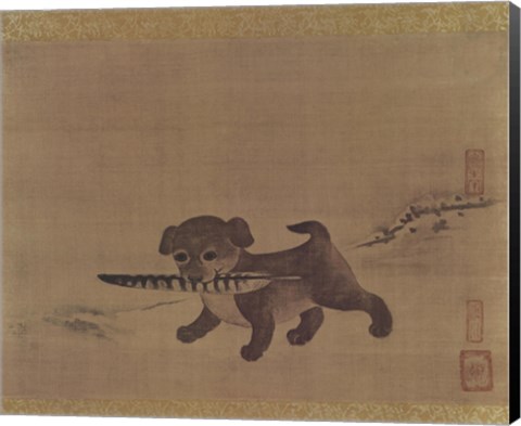 Framed Puppy Carrying a Pheasant Feather Print