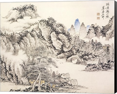 Framed Pavilion with Distant Mountain Print