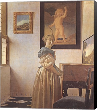 Framed Young Woman Standing At a Virginal Print