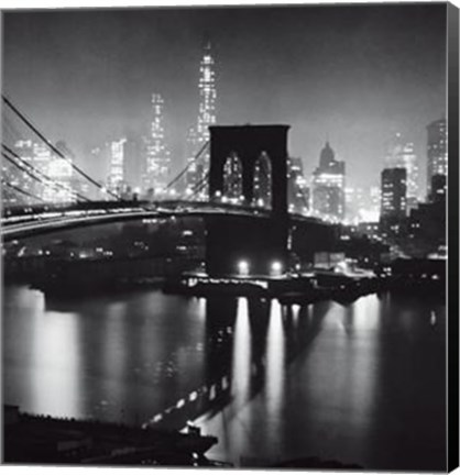 Framed Night View Of The Brooklyn Bridge Print