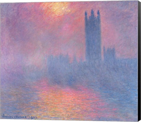 Framed Houses of Parliament, London, with the sun breaking through the fog, 1904 Print