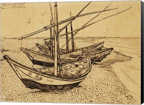 Framed Fishing Boats on the Beach at Saintes-Maries-de-la-Mer, 1888 Print