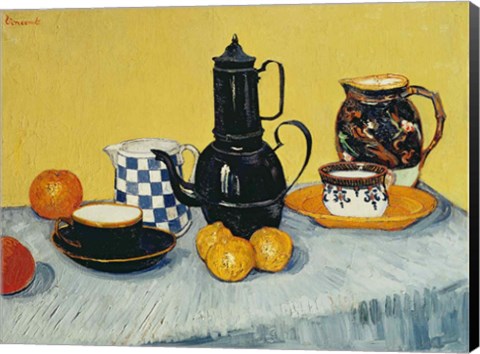 Framed Still Life with Blue Enamel Coffeepot, Earthenware and Fruit Print