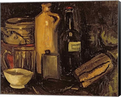 Framed Still life with pots, bottles and flasks Print