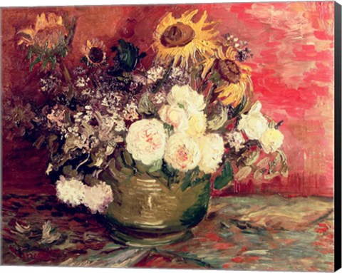 Framed Sunflowers, Roses and other Flowers in a Bowl, 1886 Print