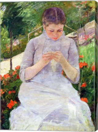 Framed Young Woman Sewing in the garden Print