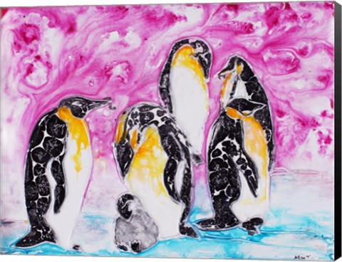 Framed Penguins Under Magenta Sky Print