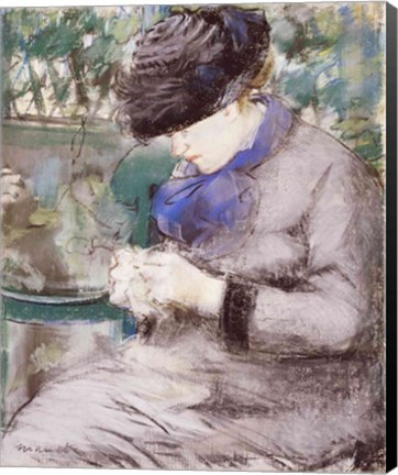 Framed Girl Sitting in the Garden Knitting, 1879 Print